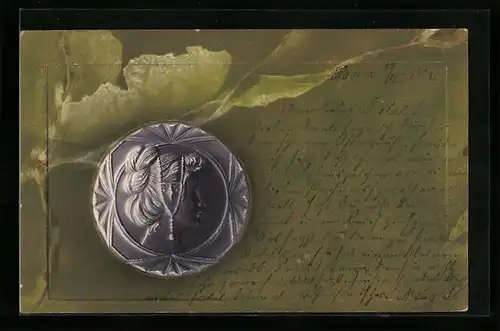 Präge-AK Münze mit Frauenportrait auf Blättern, Jugendstil