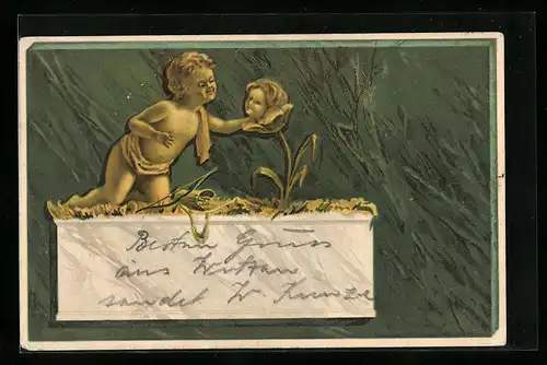 Lithographie Nackter Knabe und Blume mit Gesicht, Jugendstil