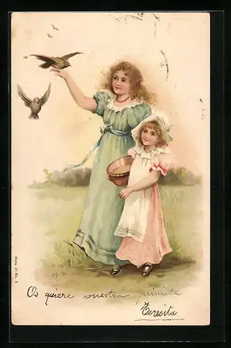 AK Mutter und Kind füttern Tauben