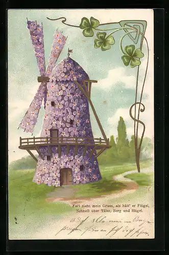 Präge-AK Blumen-Windmühle und Glücksklee