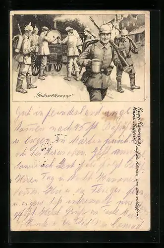 AK Soldaten mit Gulaschkanone, Reklame für Knorr-Suppen und Krupp-Kanonen