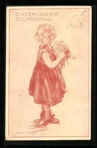AK Bayerischer Blumentag 1913, Kleines Mädchen mit Blumenstrauss