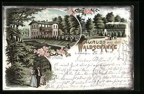 Lithographie L.-Lösnig, Gasthaus Waldschänke, Gebäude, Spaziergänger, Eisenbahn