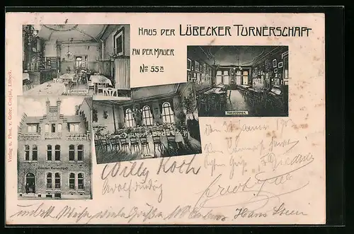 AK Lübeck, Haus der Lübecker Turnerschaft, Gebäudeansicht, Innenansichten
