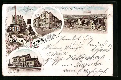 Lithographie Raguhn /Anhalt, Papierfabrik und Mühlenwerke, Lindners Emaillierwerk, Bahnhof