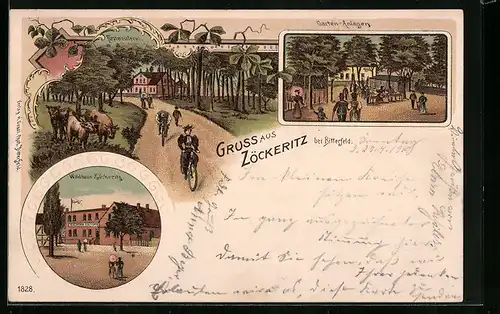 Lithographie Zöckeritz, Postmeisterei mit Umgebung und Garten, Gaststätte Waldhaus Zöckeritz