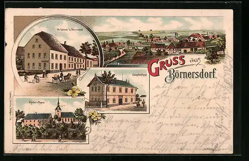AK Börnersdorf, Teilansicht, Gasthof, Dampfmolkerei, Kirche und Pfarre