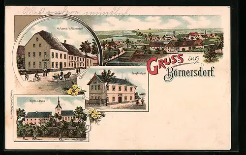 AK Börnersdorf, Teilansicht, Gasthof zu Börnersdorf, Dampfmolkerei, Kirche und Pfarre