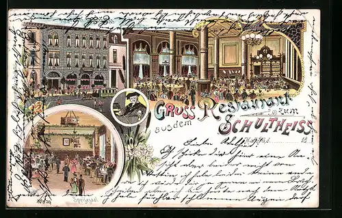 Lithographie Halle /Saale, Gasthaus zum Schultheiss, Gebäudeansicht, Innenansichten