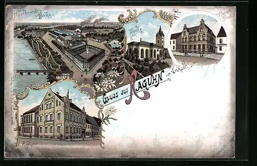 Lithographie Raguhn /Anhalt, Heerbrandts Werke aus der Vogelschau, Rathaus, Post