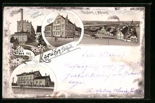 Lithographie Raguhn /Anhalt, Rathaus, Lindners Emaillirwerk, Papierfabrik & Mühlenwerke, Bahnhof