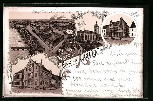 Lithographie Raguhn /Anhalt, Maschinenbau- und Metalltuchfabrik aus der Vogelschau, Post, Rathaus