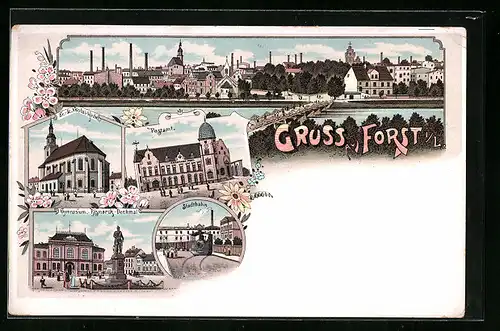 Lithographie Forst, Ortsansicht, Gymnasium mit Bismarck-Denkmal, Stadtbahn