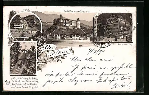 Vorläufer-Lithographie Heidelberg, 1894, Das Schloss vor der Zerstörung, Das grosse Fass, Bergbahn, Station Molkenkur