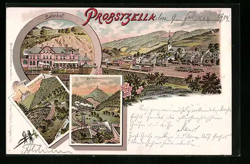 Lithographie Probstzella, Bahnhof, Ortsansicht mit Bahnhof, Falkenstein