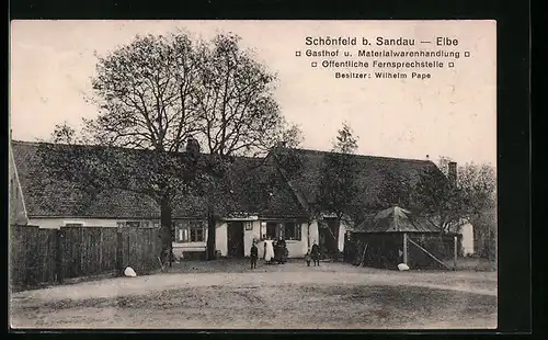 AK Schönfeld bei Sandau /Elbe, Gasthof und Materialwarenhandlung Pape