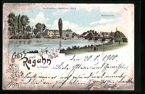 Lithographie Raguhn /Anhalt, Maschinenbau- und Metalltuchfabrik mit Mühlenwerken