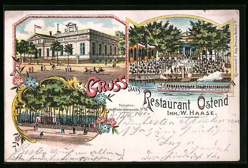 Lithographie Berlin-Oberschöneweide, Restaurant Ostend, Strassenansicht und Gartenansicht vom Wasser aus