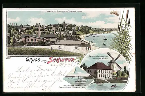 Lithographie Schlutup, Ortsansicht von Tiemanns Garten, Tiemanns Gasthaus zur Schlutuper Mühle