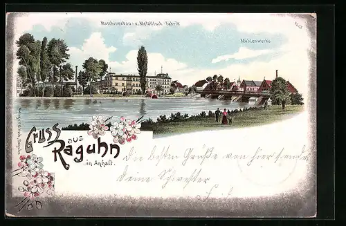 Lithographie Raguhn /Anhalt, Wasserpartie mit Maschinenbau- und Metalltuchfabrik sowie Mühlenwerken