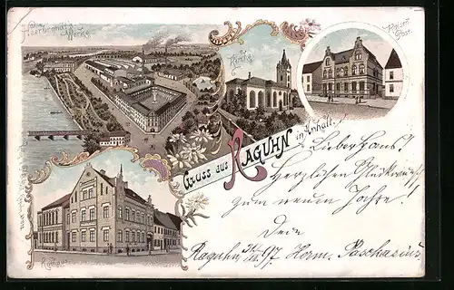 Lithographie Raguhn /Anhalt, Heerbrandts Werke, Kaiserliche Post, Rathaus