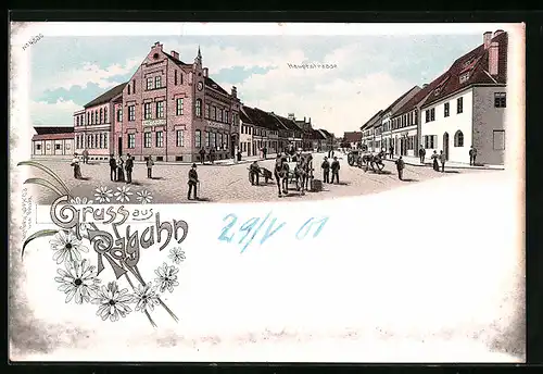 Lithographie Raguhn /Anhalt, Hauptstrasse mit Kutschen und Passanten