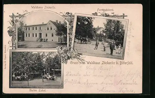 AK Zöckeritz bei Bitterfeld, Gaststätte Waldhaus Zöckeritz, Gebäude- und Gartenansicht, Forstmeisterei