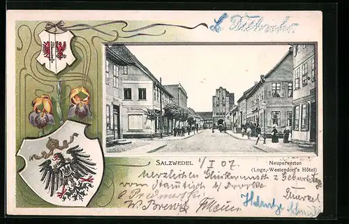 Passepartout-Lithographie Salzwedel, Strassenpartie mit Neuperver Tor und Westendorfs Hotel, Wappen