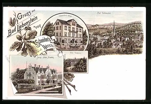 Lithographie Bad Liebenstein, Ortsansicht, Schneiders Hotel, Villa Feodora