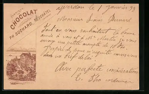 Vorläufer-Lithographie Neuchatel, Fabrique de Chocolat, Ph. Suchard, Kakao 1893