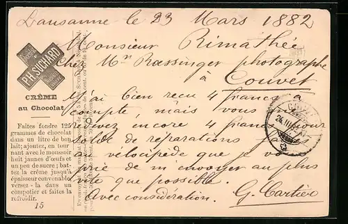 Vorläufer-AK Chocolat Ph. Suchard, Creme auch Chocolat, Kakao 1882