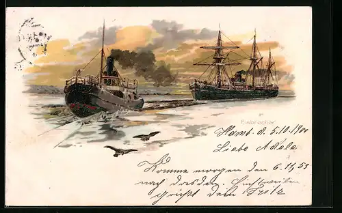 Lithographie Schiffe auf der See, Eisbrecher