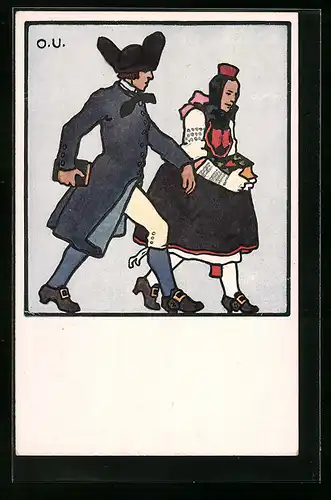 Künstler-AK Otto Ubbelohde: Kirchgänger in hessischer Tracht