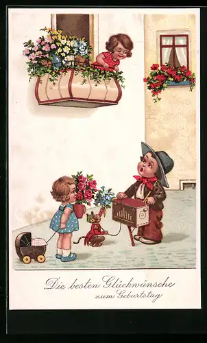 Künstler-AK Leierkasten-Mann bringt ein Geburtstagsständchen