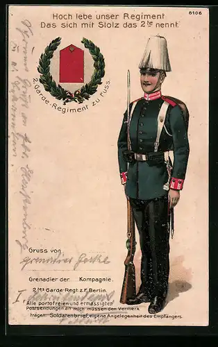 Lithographie Berlin, Grenadier der 2. Garde-Regiment zu Fuss in Uniform, Kaserne Friedrichstr. 107