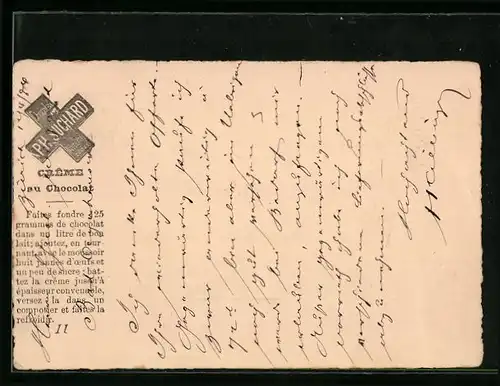 Vorläufer-AK Reklame für Creme au Chocolat der Firma Ph. Suchard aus Neuchatel, 1884