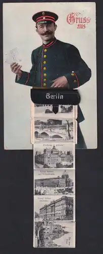 Leporello-AK Berlin, Briefträger mit Ansichten in der Posttasche, Gendarmenmarkt, neuer Dom, Königl. Schloss
