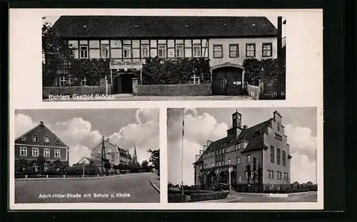 AK Gröditz, Gasthof Richter, Strasse mit Schule und Kirche