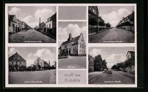 AK Gröditz, Rathaus und Windmühlenstrasse