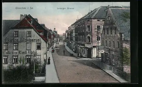 AK Glauchau /Sa., Garten Restaurant Café Emil Uhlig, Leipziger Strasse