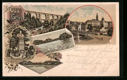 Lithographie Greiz, Unteres Schloss, Bismarckdenkmal, Parksee