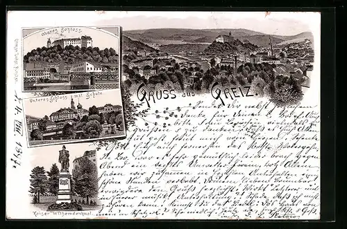 Lithographie Greiz, Unteres Schloss mit Schule, Oberes Schloss, Kaiser Wilhelmdenkmal