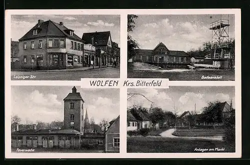 AK Wolfen /Krs. Bitterfeld, Leipziger Strasse mit Brauerei, Feuerwache, Badeanstalt