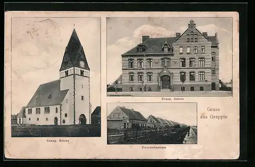 AK Greppin, Evangelische Kirche, Evangelische Schule, Eisenbahnstrasse
