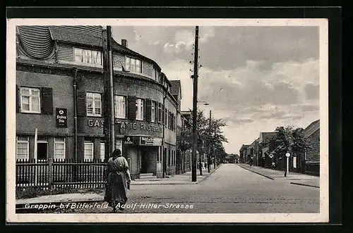 AK Greppin b. Bitterfeld, Strasse mit Gasthaus Finsterburg