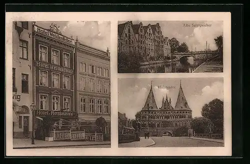 AK Lübeck, Hotel und Restaurant von Johs. Weidenfeller, Obertrave 5, Alte Salzspeicher, Holstentor