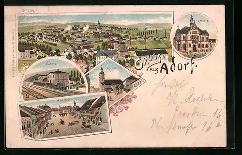 Lithographie Adorf, Bahnhof, Rathaus, Kirche