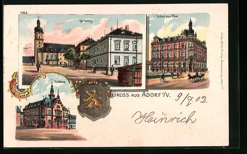 Lithographie Adorf, Hotel zur Post, Rathaus, Kirchplatz