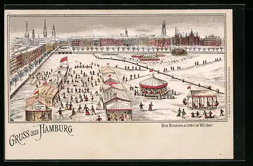 Winter-Lithographie Hamburg, Die Binnenalster mit Eisläufern