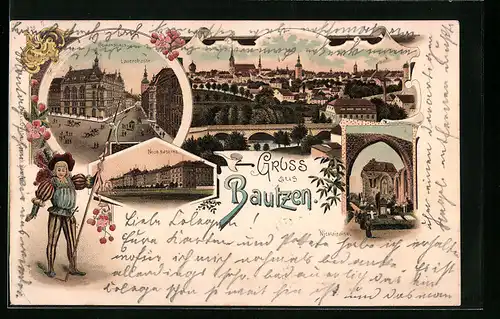 Lithographie Bautzen, Gewandhaus und Lauenstrasse, Neue Kaserne, Nicolairuine